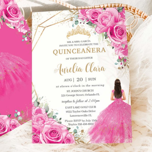 Quinceañera Fuchsia Rosa Blommigt Princess Guld Inbjudningar (Skapare uppladdad)
