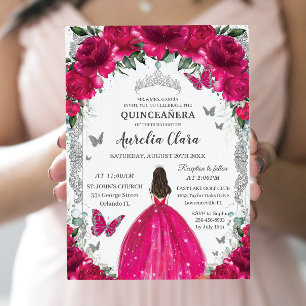 Quinceañera Fuchsia Rosa Blommigt Vintage Silver Inbjudningar
