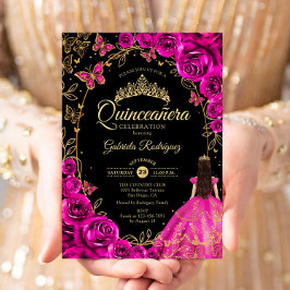 Quinceanera Fuchsia Rosa Guld Black Inbjudningar
