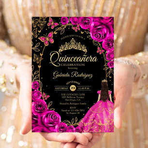 Quinceanera Fuchsia Rosa Guld Black Inbjudningar