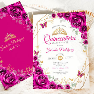 Quinceanera Fuchsia Rosa Guld Blommigt Inbjudningar