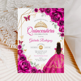 Quinceanera Fuchsia Rosa Guld Dress Inbjudningar