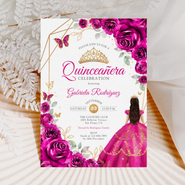 Quinceanera Fuchsia Rosa Guld Dress Inbjudningar (Skapare uppladdad)