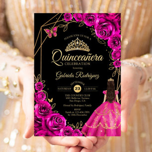 Quinceanera Fuchsia Rosa Guld Klänning Blommig Inbjudningar