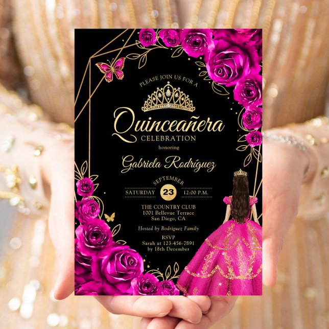 Quinceanera Fuchsia Rosa Guld Klänning Blommig Inbjudningar (Skapare uppladdad)