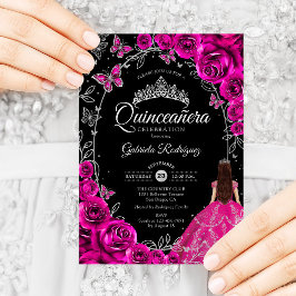Quinceanera Fuchsia Rosa Silver Black Inbjudningar