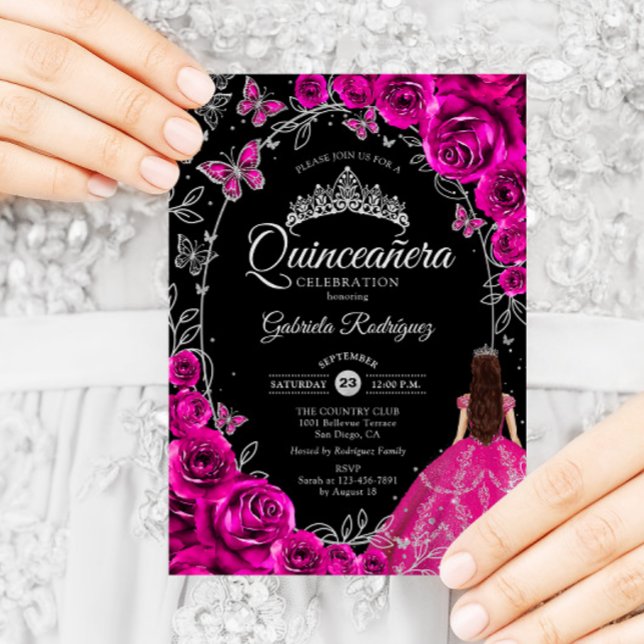 Quinceanera Fuchsia Rosa Silver Black Inbjudningar (Skapare uppladdad)
