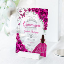 Quinceanera Fuchsia Rosa Silver Blommig