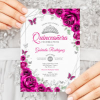 Quinceanera Fuchsia Rosa Silver Blommigt