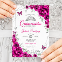 Quinceanera Fuchsia Rosa Silver Blommigt