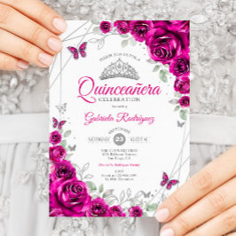 Quinceanera Fuchsia Rosa Silver Blommigt Inbjudningar