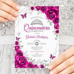 Quinceanera Fuchsia Rosa Silver Blommigt Inbjudningar