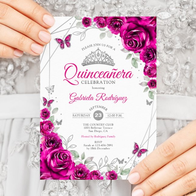 Quinceanera Fuchsia Rosa Silver Blommigt Inbjudningar (Skapare uppladdad)