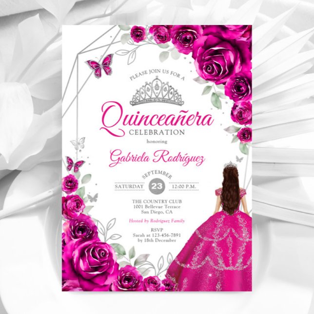 Quinceanera Fuchsia Rosa Silver Dress Inbjudningar (Skapare uppladdad)