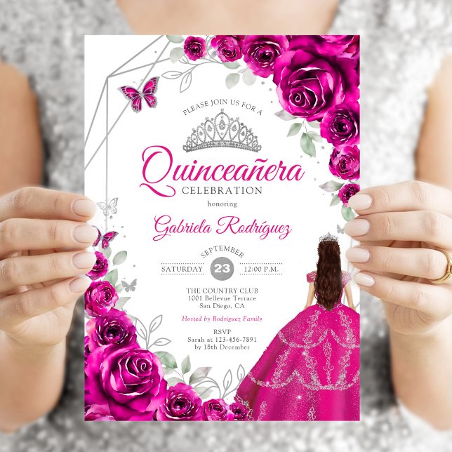 Quinceanera Fuchsia Rosa Silverdräkt Inbjudningar (Skapare uppladdad)