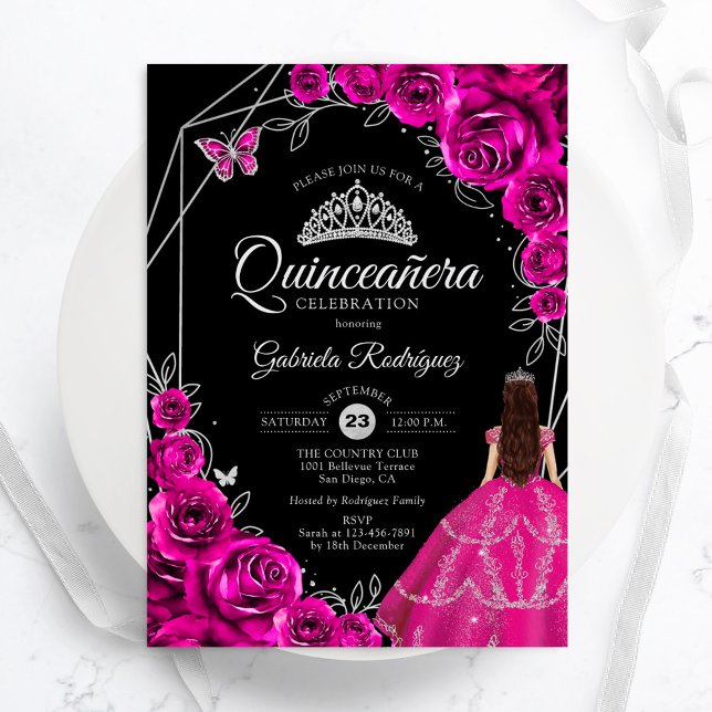 Quinceanera Fuchsia Rosa Silverklänning Blommig Inbjudningar (Skapare uppladdad)