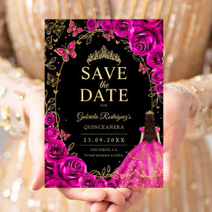 Quinceanera Fuchsia Rosa Svart Guld Spara Datumet