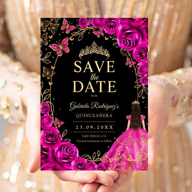Quinceanera Fuchsia Rosa Svart Guld Spara Datumet (Skapare uppladdad)