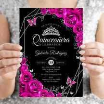 Quinceanera Fuchsia Rosa Svart Silver Blommig