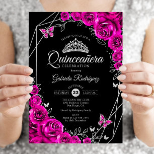 Quinceanera Fuchsia Rosa Svart Silver Blommig Inbjudningar
