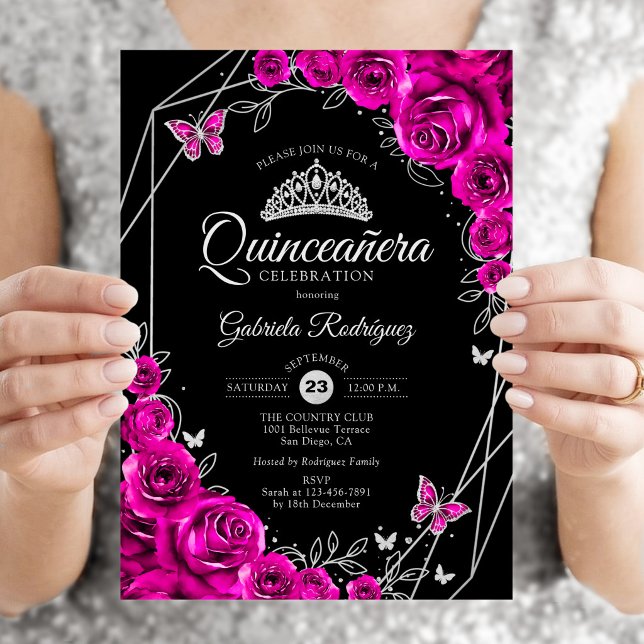 Quinceanera Fuchsia Rosa Svart Silver Blommig Inbjudningar (Skapare uppladdad)