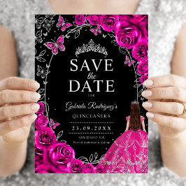 Quinceanera Fuchsia Rosa Svart Silver Spara Datumet
