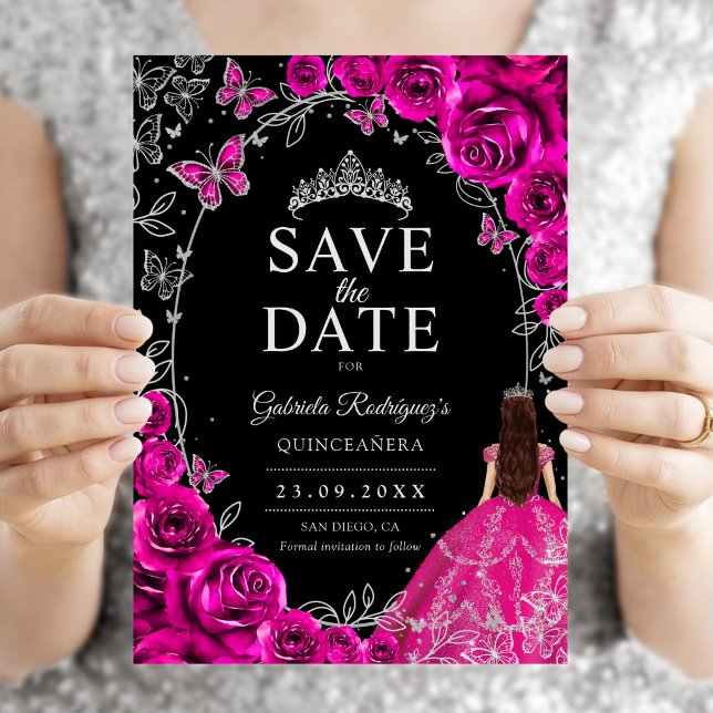Quinceanera Fuchsia Rosa Svart Silver Spara Datumet (Skapare uppladdad)