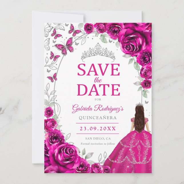 Quinceanera Fuschia Rosa Silver Blommig Spara Datumet (Framsida)