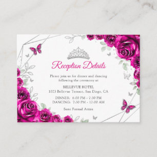 Quinceanera Fuschia Rosa Silver Blommiga Detaljer Tilläggskort