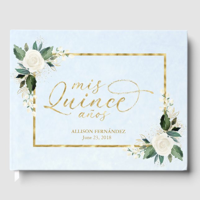Quinceanera Gästbok Dammtor Blå Guld Folie Blommig (Framsida)