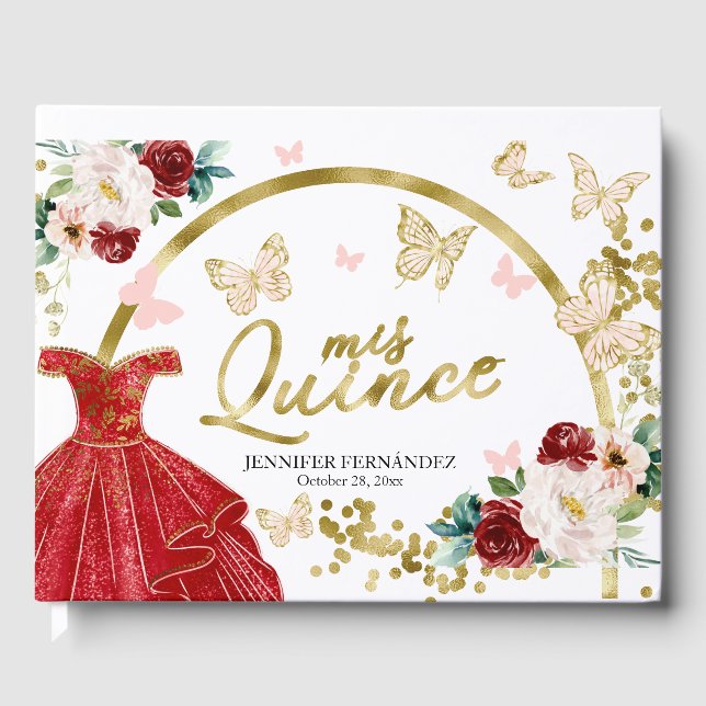 Quinceanera Gästbok Fjäril Röd Klänning (Framsida)