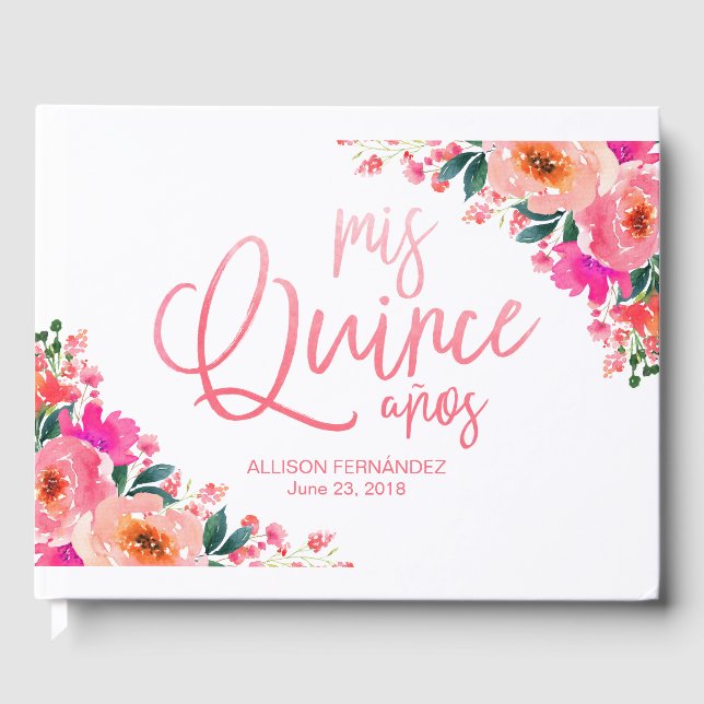 Quinceanera Gästbok Hetrosa Blommig (Framsida)
