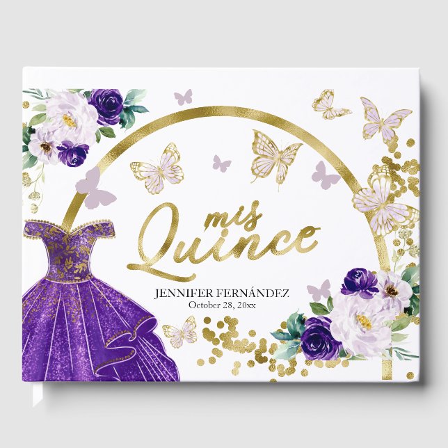 Quinceanera Gästbok Lila Fjärils Klänning (Framsida)