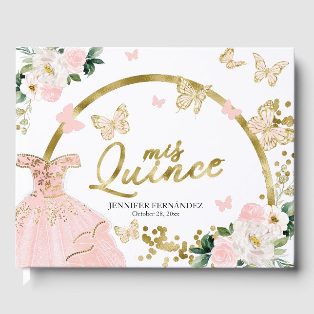 Quinceanera Gästbok Rosa Fjärilsklänning (Framsida)