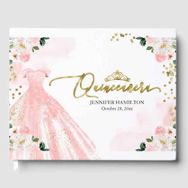Quinceanera Gästbok Rosad Klänning Blommig (Framsida)