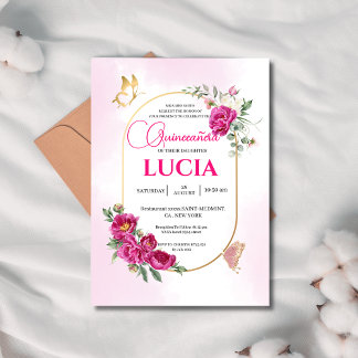 Quinceañera Geometric Rosa Fuchsia Blommigt Guld Inbjudningar