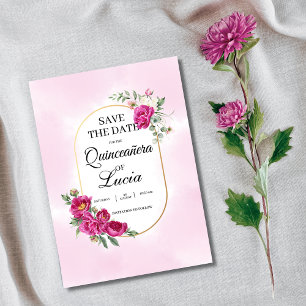 Quinceañera Geometric Rosa Fuchsia Blommigt Guld Spara Datumet