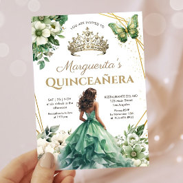 Quinceañera Girl Grönt Guld Tiara Blommigt Butterf Inbjudningar