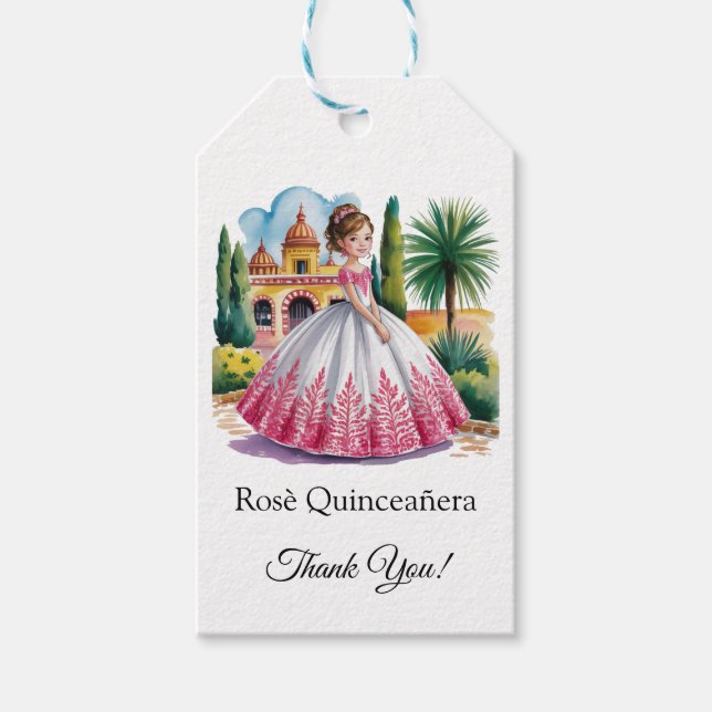 Quinceañera Girl in Rosa and White Gown Tack Presentetikett (Framsidan)
