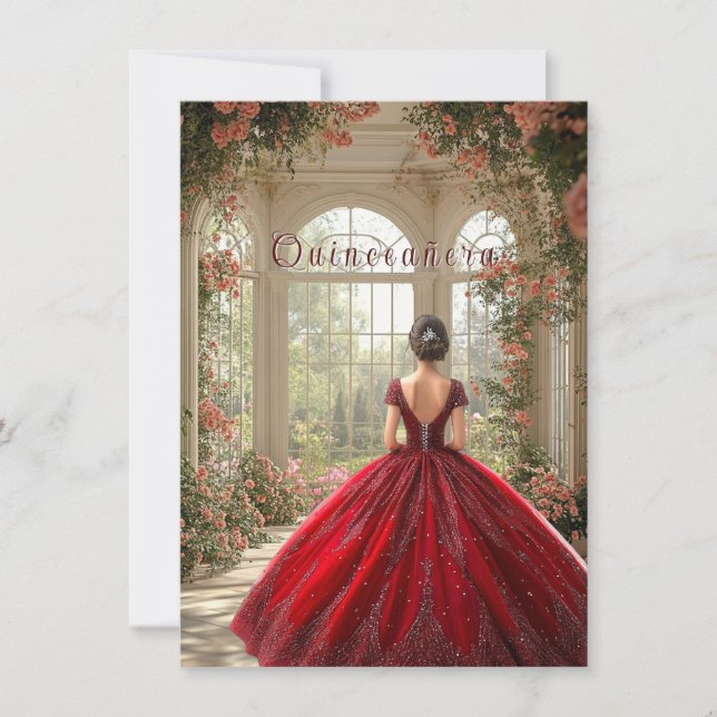 Quinceanera Girl Wearing Red Gown i Atrium Inbjudningar (Framsida)