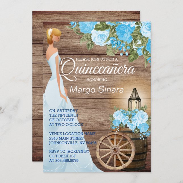 Quinceañera Girl - Wood Barrel & Blåa blommor Inbjudningar (Fram/baksida)