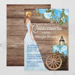 Quinceañera Girl - Wood Barrel & Blåa blommor Inbjudningar
