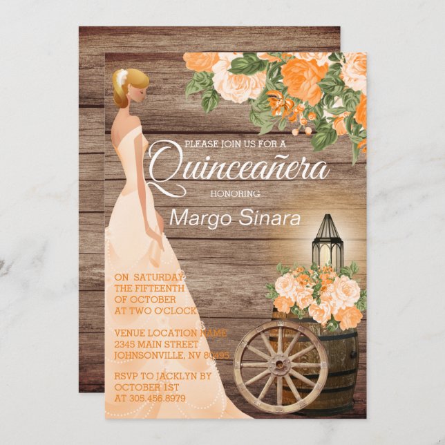Quinceañera Girl - Wood Barrel & Orange Flowers Inbjudningar (Fram/baksida)