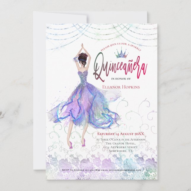 Quinceanera Glam Lilac Blue Dancer String Ljus Inbjudningar (Framsida)