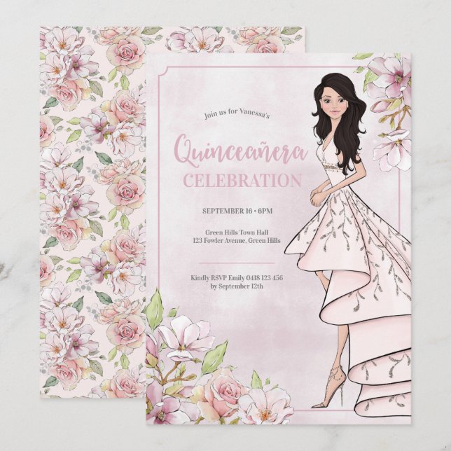 Quinceañera Glamor Girl 15:e födelsedagsinbjudan Inbjudningar (Fram/baksida)