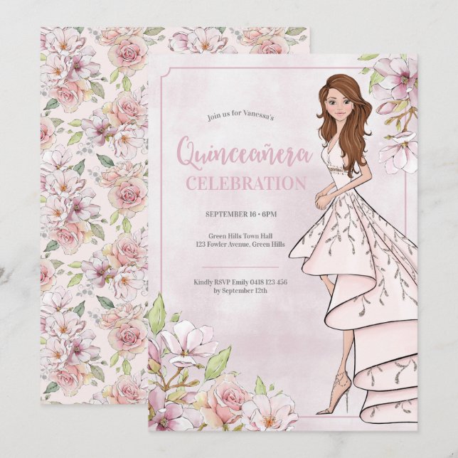 Quinceañera Glamor Girl Birthday-inbjudan Inbjudningar (Fram/baksida)