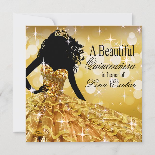 Quinceanera Glitter Boll Gown | guld Inbjudningar (Framsida)