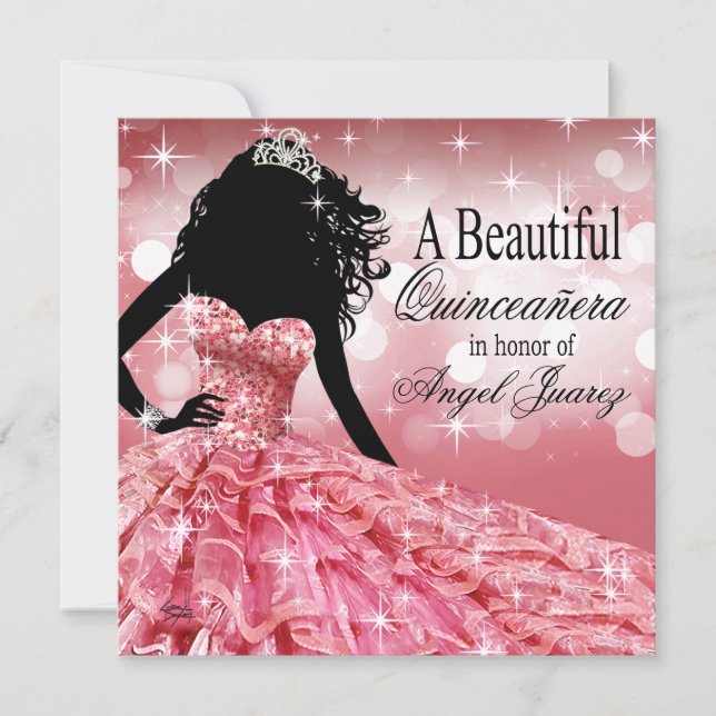 Quinceanera Glitter Boll Gown | rosa Inbjudningar (Framsida)