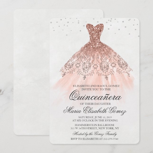 Quinceanera Glitter Dress Diamond-inbjudan Inbjudningar (Fram/baksida)