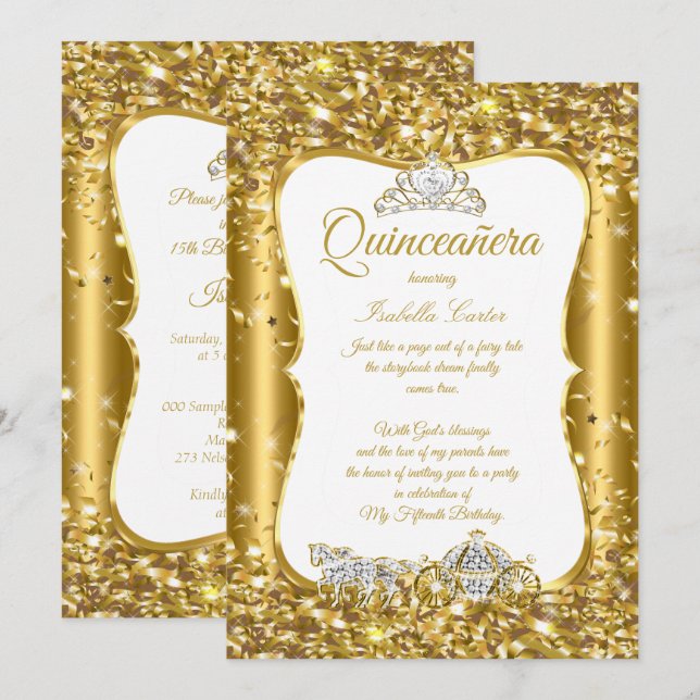 Quinceanera Glitter Fairytale Guld Carriage Party Inbjudningar (Fram/baksida)